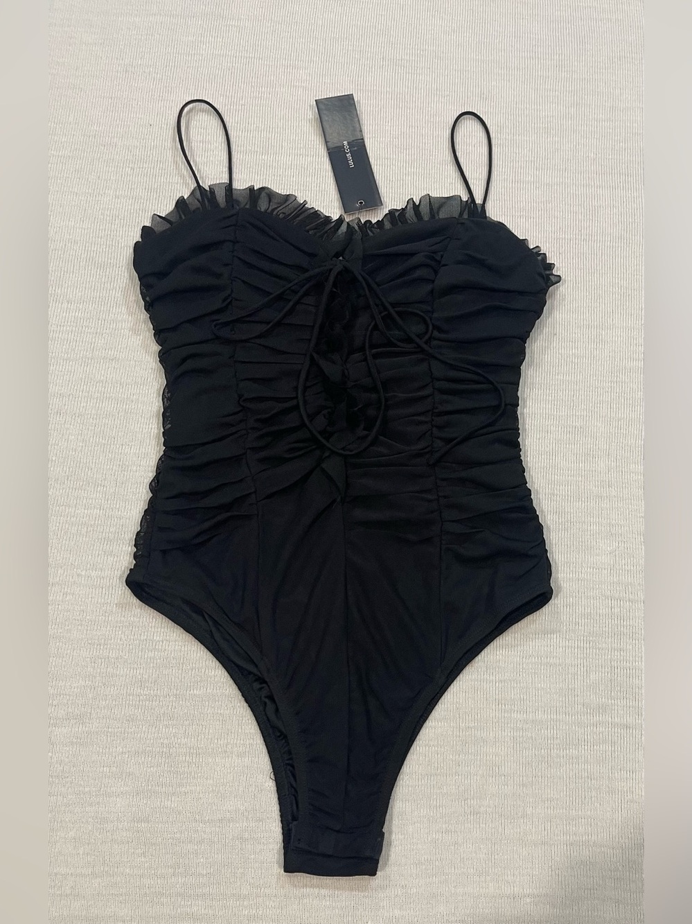 Lulus Night Moves Black Mesh Ruched Bodysuit Size XS - NWT